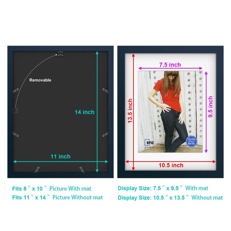 RPJC 11x14 inch Picture Frame Made of Solid Wood and High Definition Glass Display Pictures 8x10 with Mat or 11x14 Without Mat for Wall Mounting Photo Frame Jazz Blue - Image 4